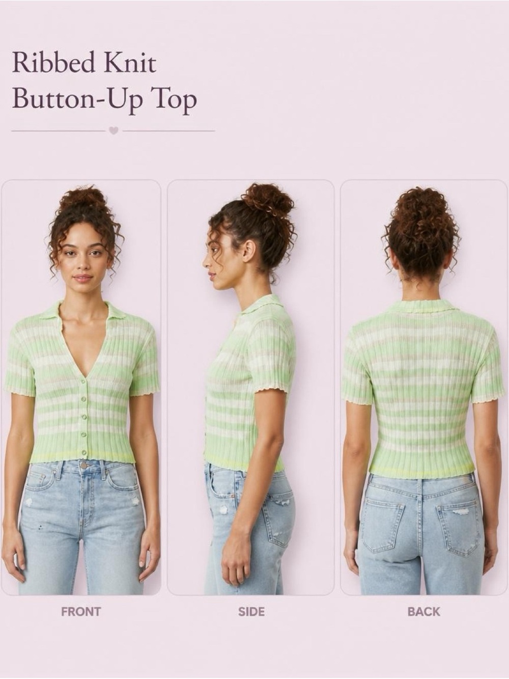 Free People Mint Green Stripped Button Up Collared Knit Top Size Large Crop New